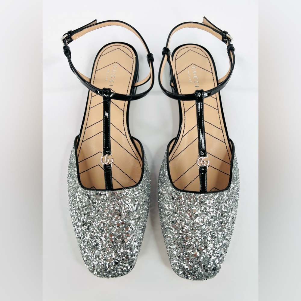GUCCI PETITE GG SLINGBACK SILVER GLITTER PATENT CHARLOTTE FLATS SIZE EU 40 - Picture 4 of 9